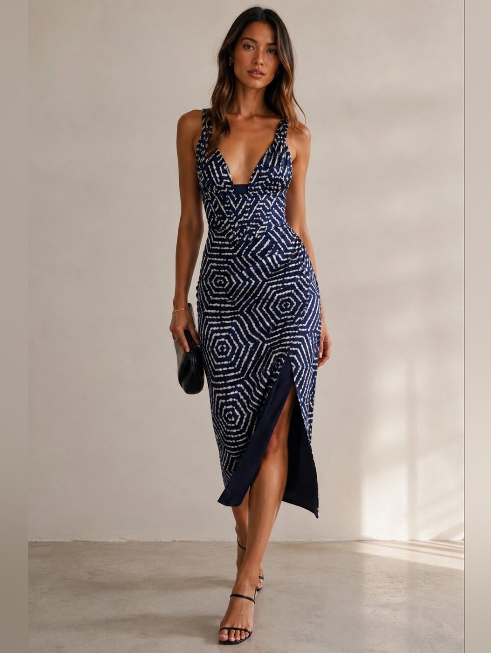 NWT AVERIE Draped Midi Dress Satin Dilla Indigo Hexagon Tie Dye Limited Edition